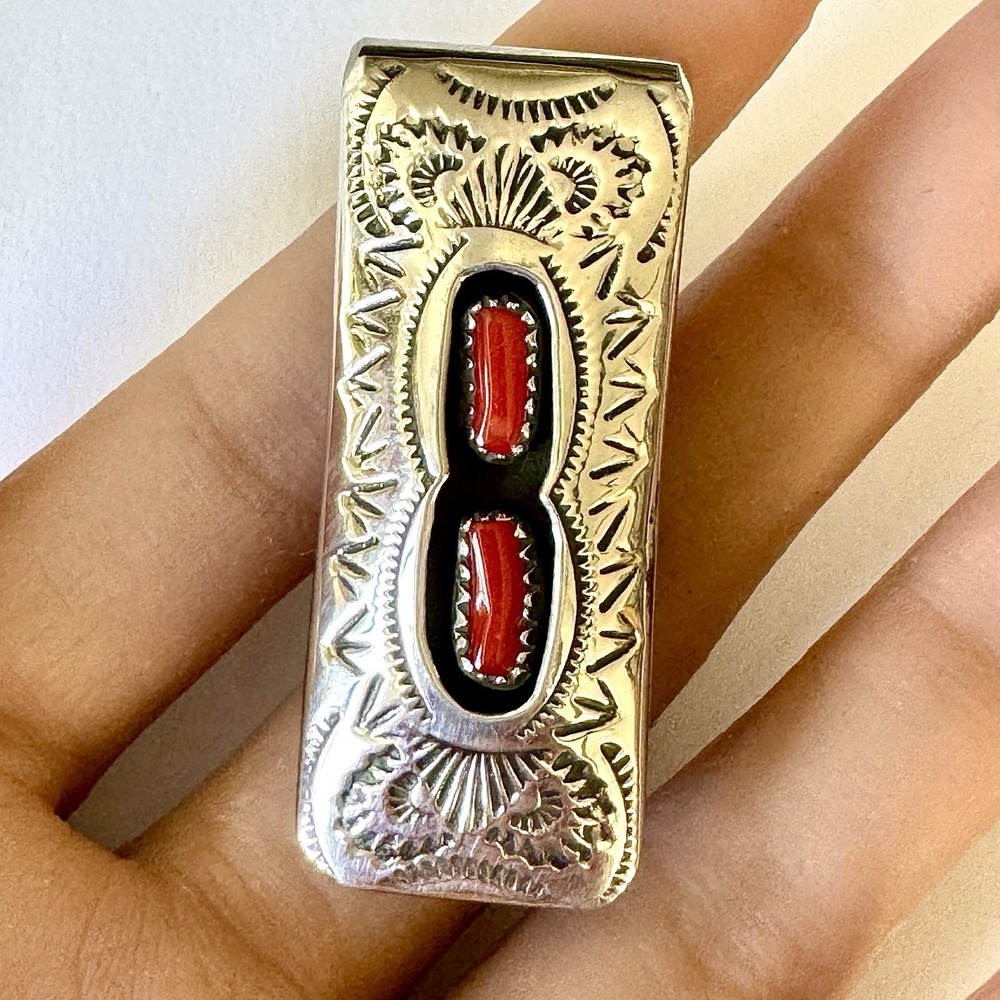 Navajo Red‎ Coral Money Clip Handmade Skeets Shadowbox Stamped Native American